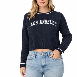 Juniors' Faded Rose Cable Knit Cropped Crewneck Sweater Los Angeles black SZ M